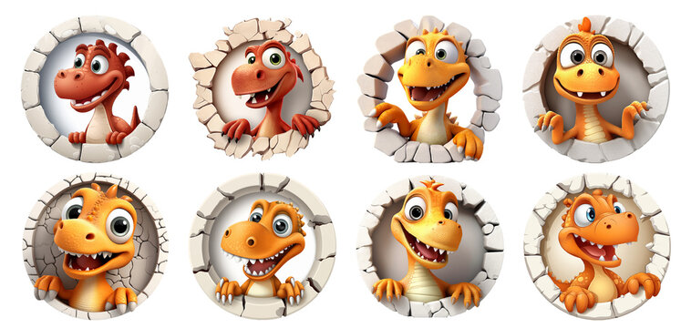 set of funny cute Dinosaurs  looks of Wall on transparent, isolated background, png, generated ai