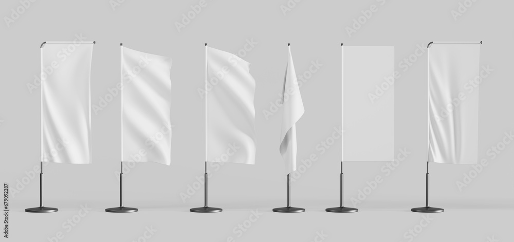 Poster 3d render white pennant blank wave flag mockup. realistic set of fabric rectangular festival event b