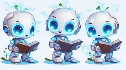 Group of innocent and cute AI Chatbot Robot reading books showing symbol of life with green leaves Isolated on white Background (Generative AI)