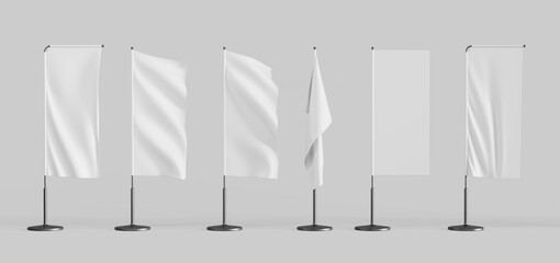 3d render white pennant blank wave flag mockup. Realistic set of fabric rectangular festival event banners on pole isolated. Empty label for branding on chrome pillar flying in wind. 3D illustration