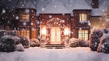 Fotobehang Christmas in the countryside manor, English country house mansion decorated for holidays on a snowy winter evening with snow and holiday lights, Merry Christmas and Happy Holidays © Anneleven