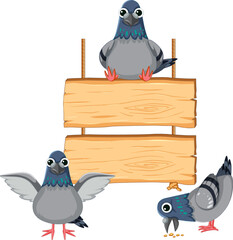 Pigeon Cartoon with Hanging Wooden Board Sign