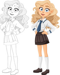 Beautiful Teen Girl in High School Uniform Cartoon