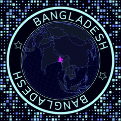 Bangladesh on globe vector. Futuristic satelite view of the world centered to Bangladesh. Geographical illustration with shape of country and squares background. Bright neon colors on dark background.