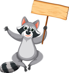 Cheerful Raccoon Cartoon Holding Wood Banner