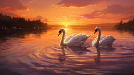 A pair of graceful swans gliding across.