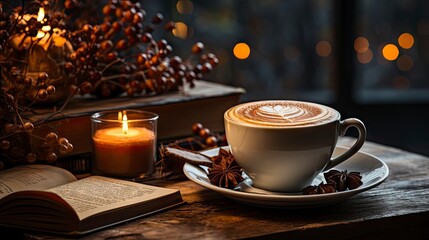 Obraz premium Winter coffee and powdered sugar dessert on rustic table.