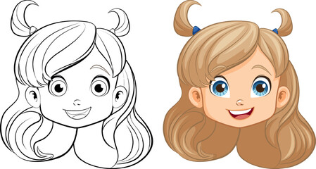 Cheerful Girl Cartoon: Smiling Head and Doodle Outline