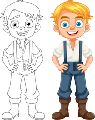Happy Smiley Boy in Farmer Overalls Cartoon Character