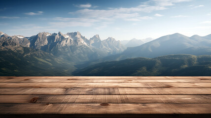 Wooden table for display products. Empty wooden table texture in front of blurred mountain background. Generative AI