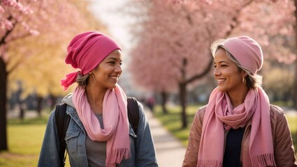 Fototapeta premium two young sisters, one recovered from cancer with pink accessories, accompany each other with love and hope walking through a park
