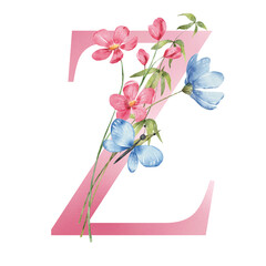 Pink letter Z with watercolor flowers and leaves. Floral alphabet, monogram initials perfectly for birthday, wedding invitations, greeting card, logo, poster and other design. Hand painting.