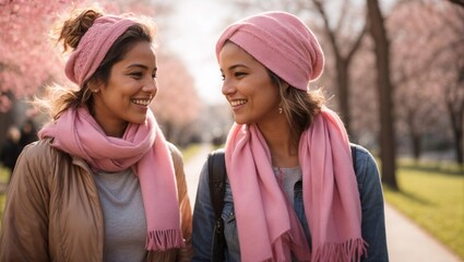 Fototapeta premium Pink Rebirth: Two Young Sisters, United by Love and Hope, Explore the Park After Triumphing Over Cancer.