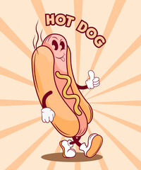 retro groovy hot dog, cartoon hot dog,  funny cartoon character.