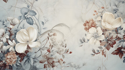 vintage wallpaper with flowers marble texture. Generative AI. - obrazy, fototapety, plakaty