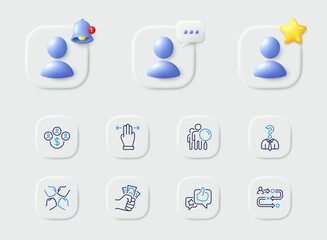 Hiring employees, Multitasking gesture and Search people line icons. Placeholder with 3d star, reminder bell, chat. Pack of Journey path, Buying currency, Fraud icon. Squad, Like pictogram. Vector