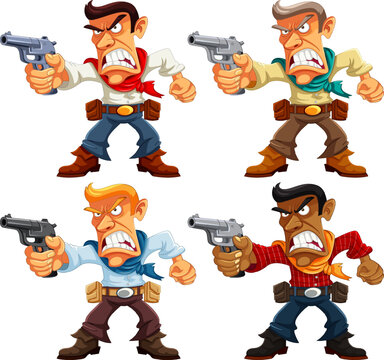 Angry Cowboy Holding Gun Cartoon Character Set