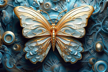 Bunter Schmetterling in verschiedenen Kunststilen - blau gold Steampunk - obrazy, fototapety, plakaty