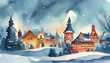 Papier Peint photo Chambre denfants Watercolor winter cute town landscape background