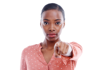 Pointing, serious and portrait of young black woman looking for selection, vote or nominate. Choice, decision and African model with accountability isolated by transparent png background.