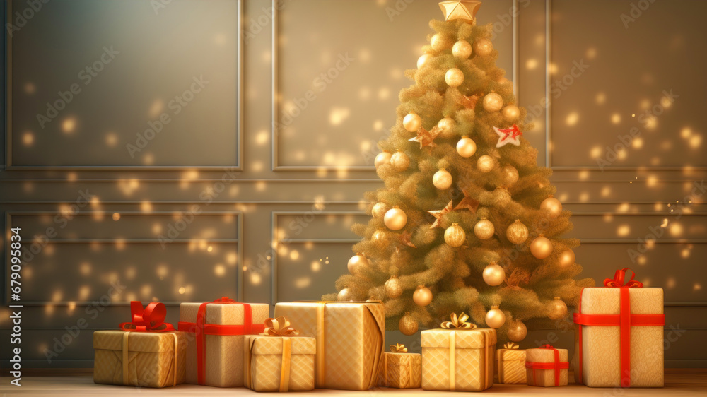 Poster christmas tree with gifts in front of a wall. 3d rendering