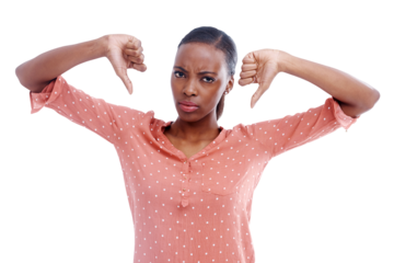 Portrait, thumbs down and black woman with feedback, review and reject isolated on transparent background. Face, African person and girl with hand gesture, vote for no and png with complaint or emoji