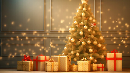 Christmas tree with gifts in front of a wall. 3d rendering