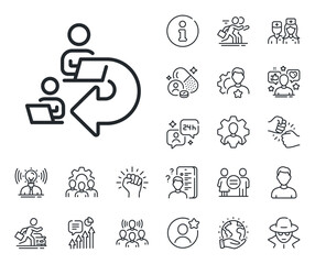 Fototapeta premium Teamwork share sign. Specialist, doctor and job competition outline icons. Delegate work line icon. Remote office symbol. Delegate work line sign. Avatar placeholder, spy headshot icon. Vector