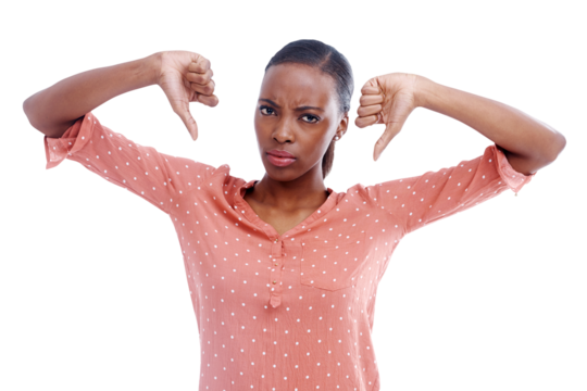 Portrait, thumbs down and black woman with feedback, review and reject isolated on transparent background. Face, African person and girl with hand gesture, vote for no and png with complaint or emoji
