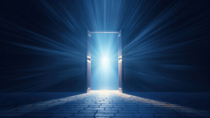 Door opening to bright light with dark background, 3D rendering