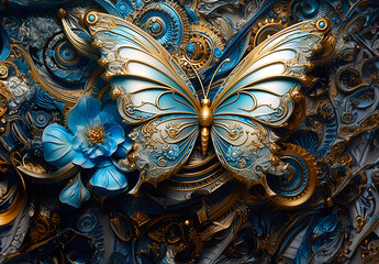 Bunter Schmetterling in verschiedenen Kunststilen - blau gold Steampunk