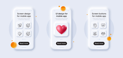Vaccination schedule, Thiamine vitamin and Clean hands line icons pack. 3d phone mockups with heart. Glass smartphone screen. Biotin vitamin, Heartbeat, Dont touch web icon. Vector