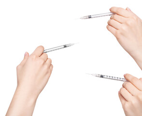 Collage of female hand holding syringe.