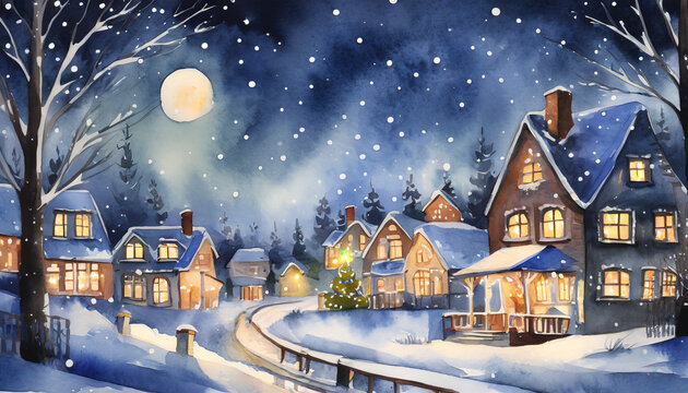 Watercolor winter cute town landscape background at night