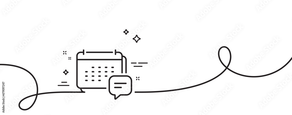 Poster calendar message line icon. continuous one line with curl. schedule planner sign. speech bubble symb