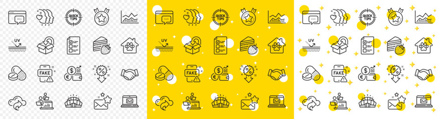 Outline Arena stadium, Voting ballot and Discount line icons pack for web with Fake news, Teamwork, Cloud share line icon. Favorite mail, Return package, Uv protection pictogram icon. Vector