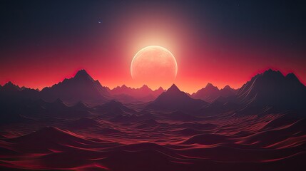 Panoramic Mountain Range at Red Sunset