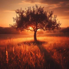 Gordijnen sunset in the field  tree on sunset background © Deanmon