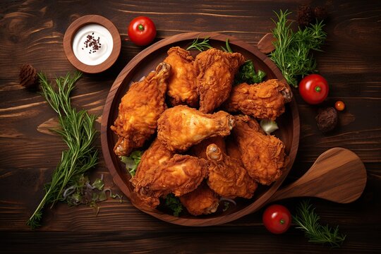 Fired Chicken In Plate On Table Top. Overhead View.