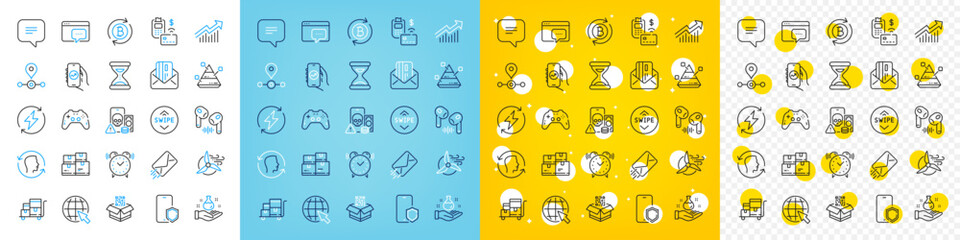 Vector icons set of Chemistry lab, Renewable power and Pyramid chart line icons pack for web with Inventory cart, Text message, Alarm clock outline icon. Phone protect, Swipe up. Vector