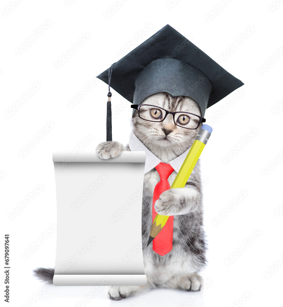 Poster smart graduated cat wearing eyeglasses and necktie holds the pen and shows empty list. isolated on w