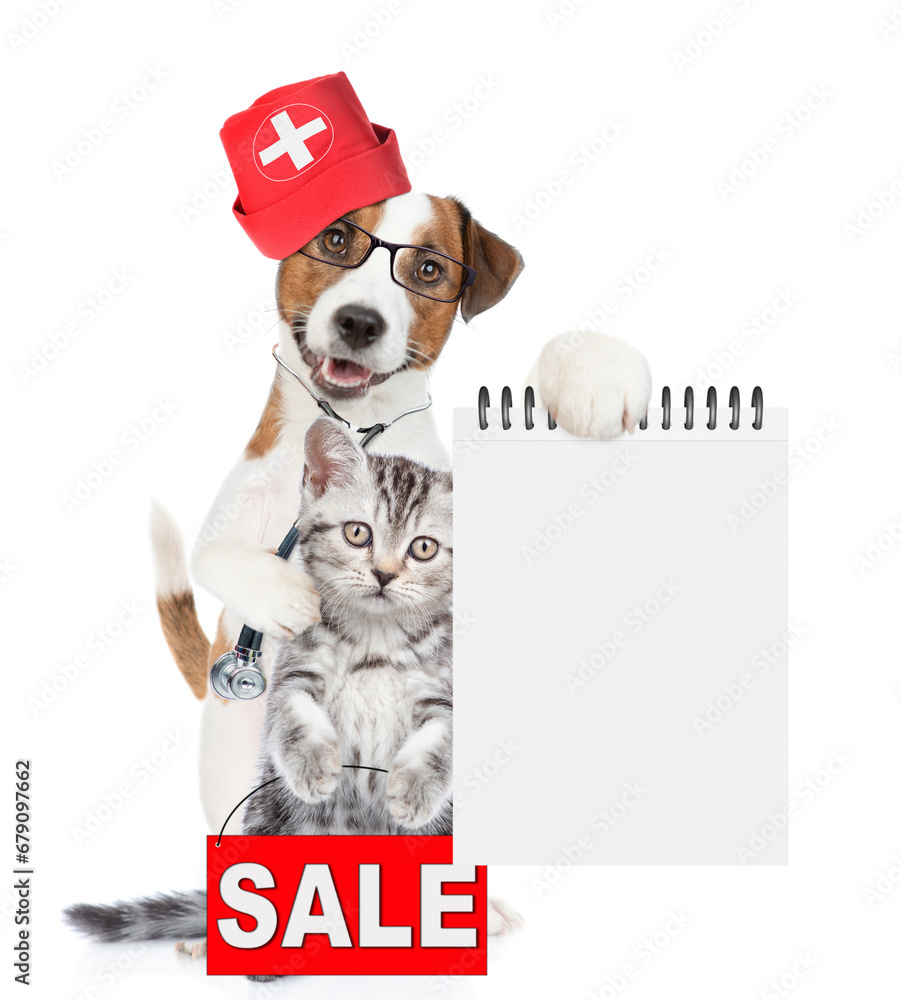 Poster smart jack russell terrier dressed like a doctor with stethoscope on his neck hugs tiny kitten and s