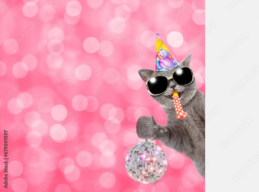 Aufkleber Smiling cat wearing sunglasses and party cap looks from behind empty white banner and shows disco ball and  blows into party horn. Festive background. Empty space for text