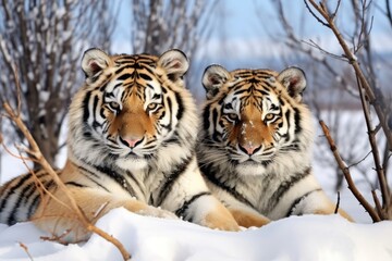 siberian tigers fur against snowy landscape