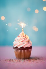 One close up cupcake with one candle on coloured background.