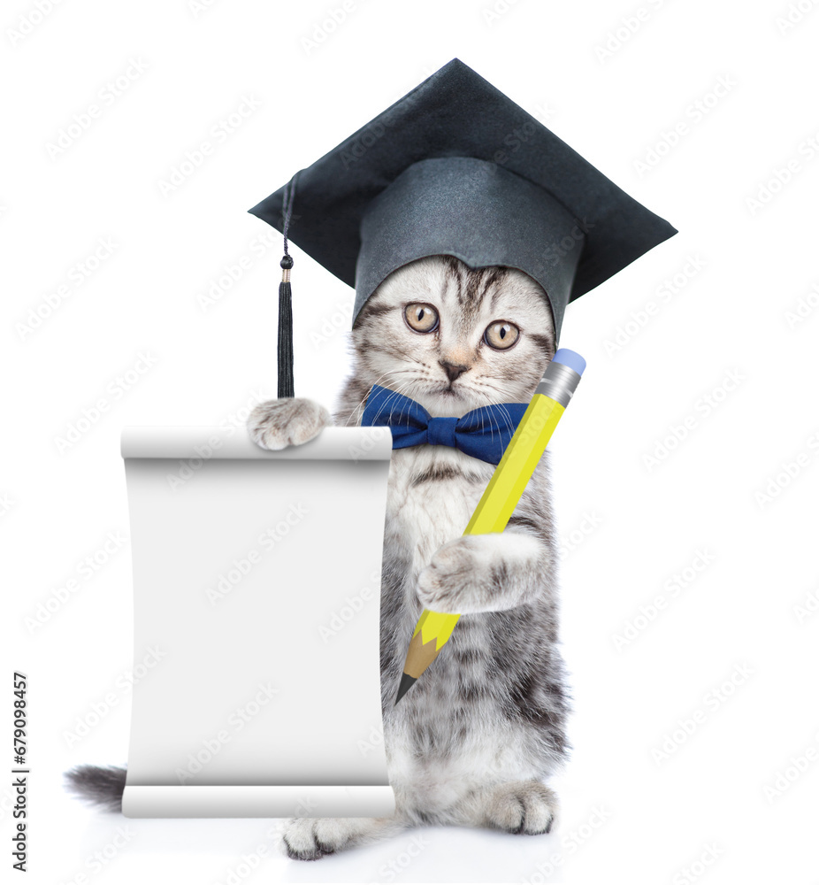 Aufkleber smart graduated cat standing on hind legs holds the pen and shows empty list. isolated on white back