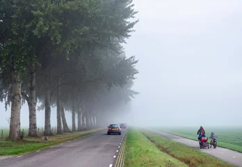 Fotobehang traffic on bicycle and car to school and work during morning mist in the netherlands near utrecht © ahavelaar