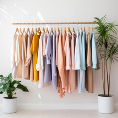 Rack with stylish pastel colors clothes near light wall. Clothing retails concept. Advertise, sale, fashion.