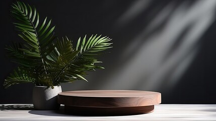 Podium for product demonstration. Black graphite background with tropical leaves and shadow