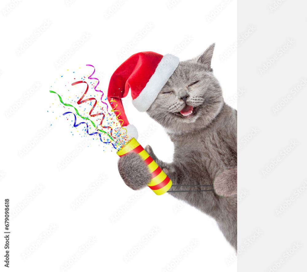 Poster Happy cat wearing red santa hat holds exploding firecracker and looks from behind empty white banner. Isolated on white background